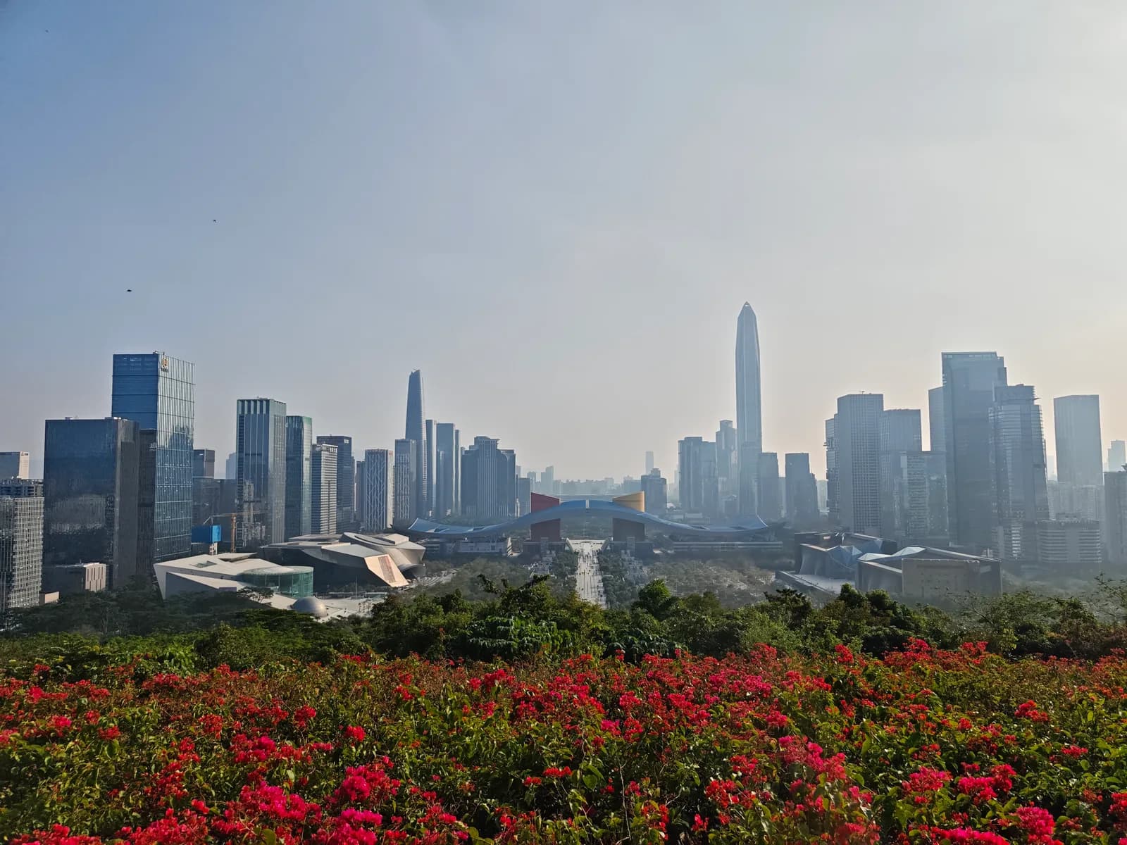 The Futian CBD skyline and Civic Centre in Shenzhen seen from Lianhuashan Park, Guangdong, China
