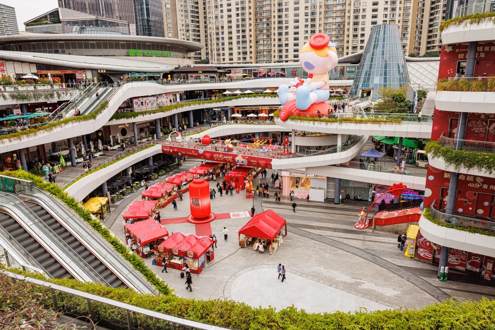 The Sky Plaza roof structure at Coco Park shopping complex in Futian district, Shenzhen