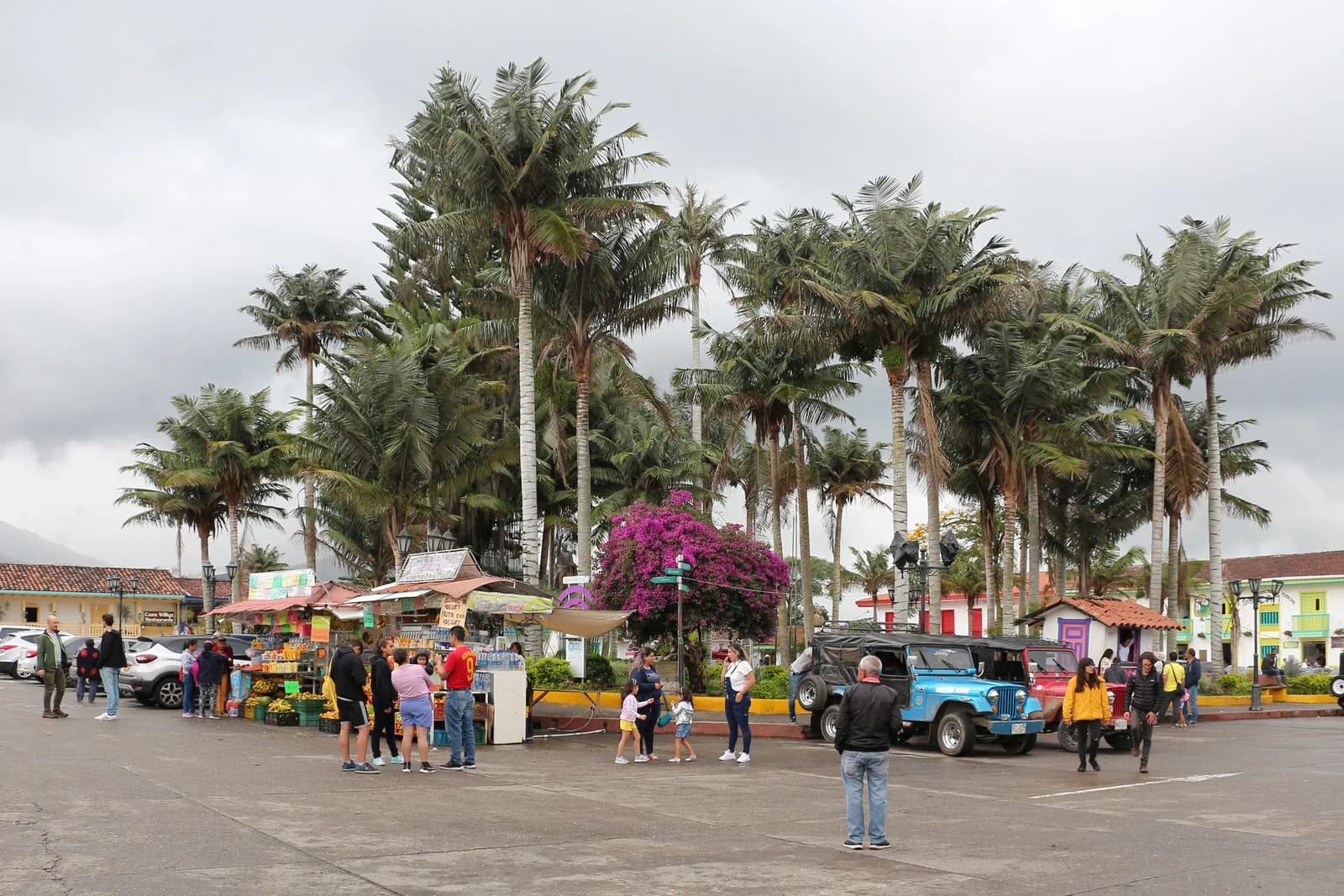 The Plaza de Bolívar in Salento, Colombia, with its church and surrounding colonial buildings