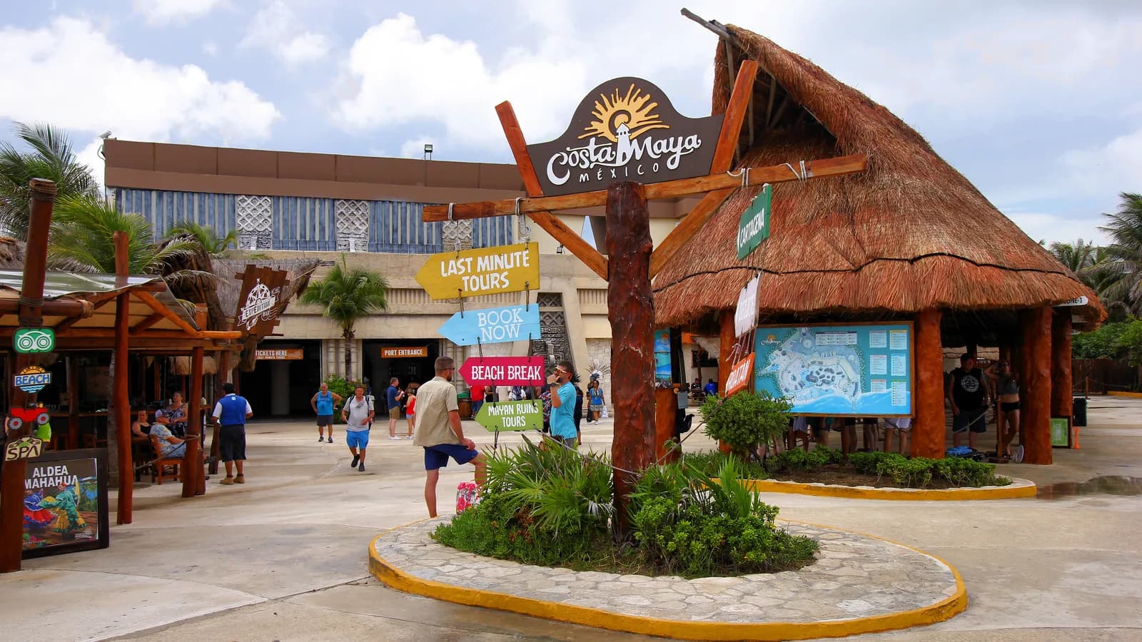 The Costa Maya cruise ship terminal near Mahahual with docked cruise ships and port buildings